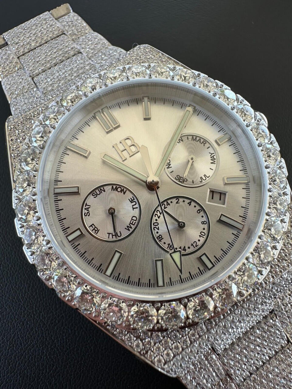 Hip Hop 35ct MOISSANITE White Face Mens Perpetual Calendar Real Watch Auto Iced Hip Hop