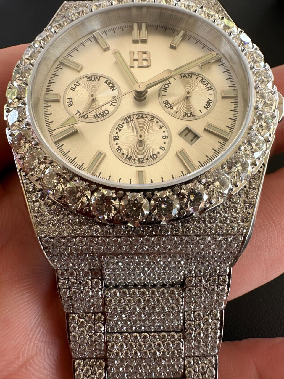 Hip Hop 35ct MOISSANITE White Face Mens Perpetual Calendar Real Watch Auto Iced Hip Hop