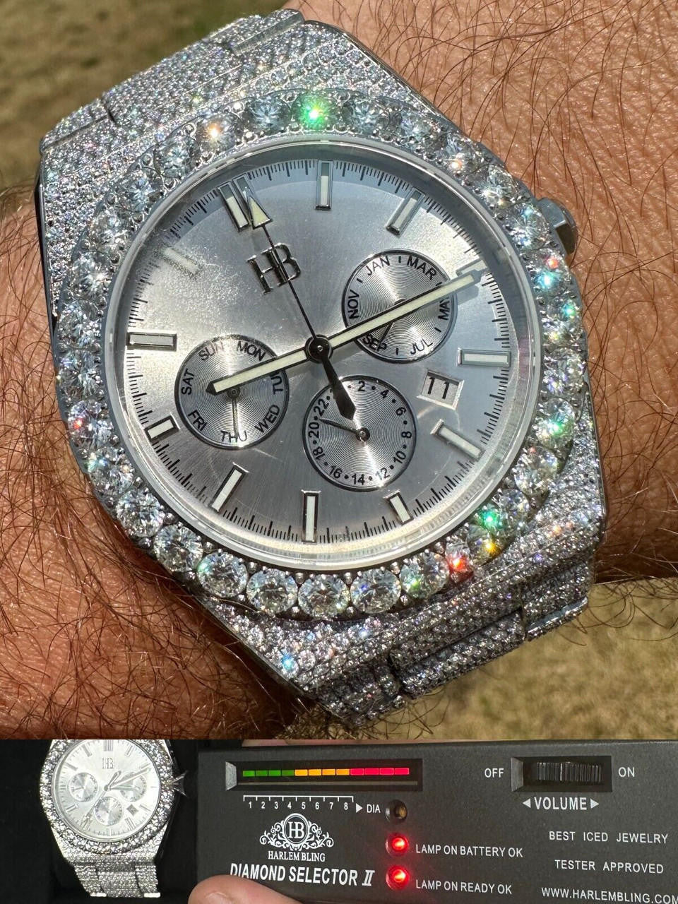 Hip Hop 35ct MOISSANITE White Face Mens Perpetual Calendar Real Watch Auto Iced Hip Hop