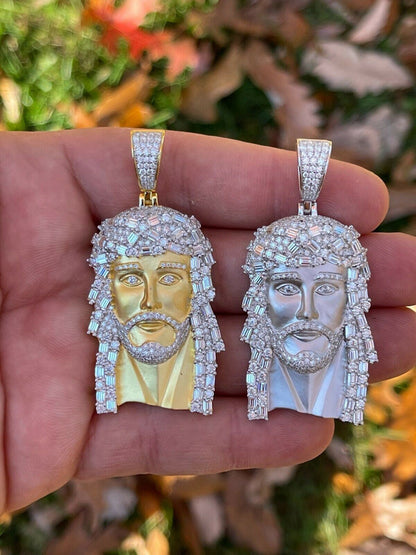 Hip Hop 6ct MOISSANITE Iced Real Solid Silver Gold Baguette Jesus Piece Pendant Necklace