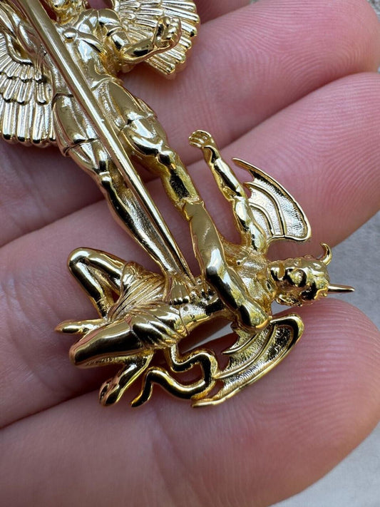Hip Hop Artwork Saint St Michael Slaying Dragon Archangel Pendant - 14k Gold Vermeil 925 Silver - 3 Sizes 1"-3"