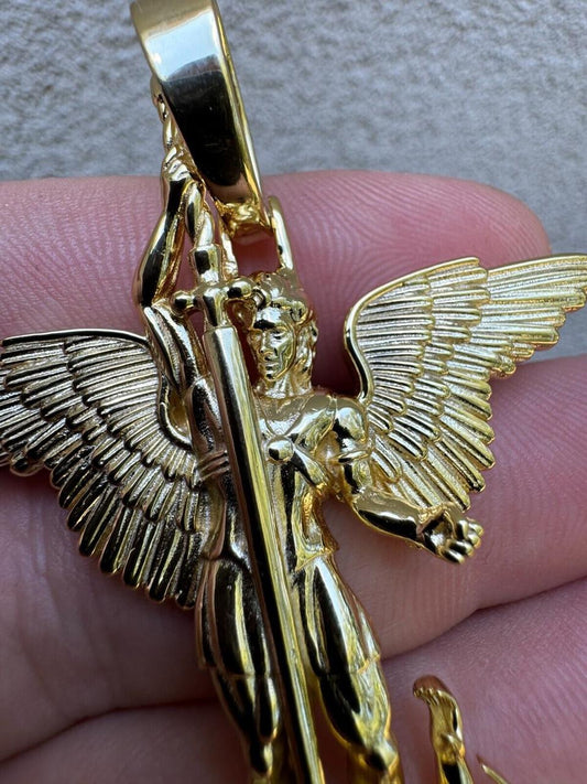 Hip Hop Artwork Saint St Michael Slaying Dragon Archangel Pendant - 14k Gold Vermeil 925 Silver - 3 Sizes 1"-3"