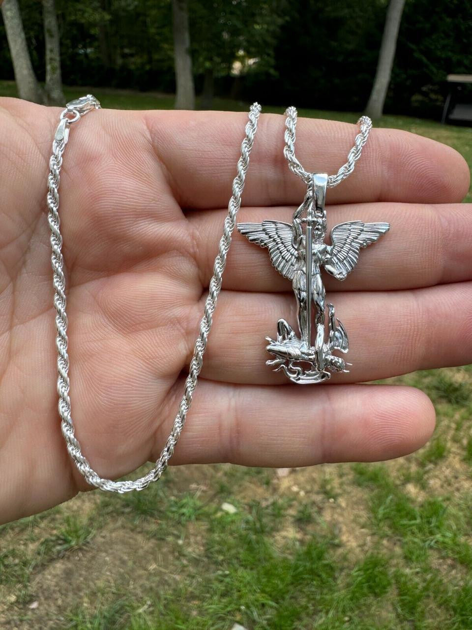 Artwork Saint St Michael Slaying Dragon Archangel Pendant - 14k