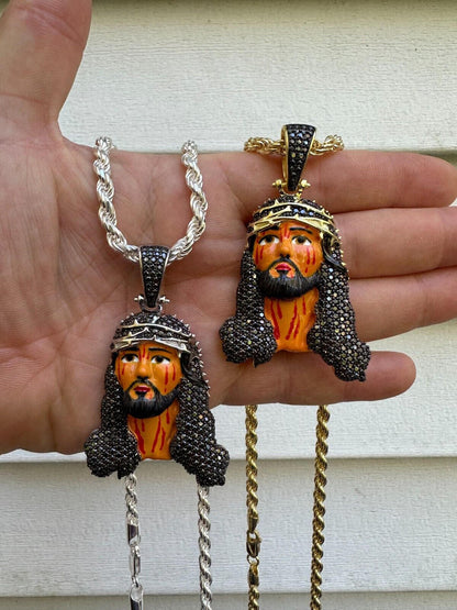 Hip Hop Black MOISSANITE Real 925 Silver / Gold Enamel Jesus Piece Pendant Necklace