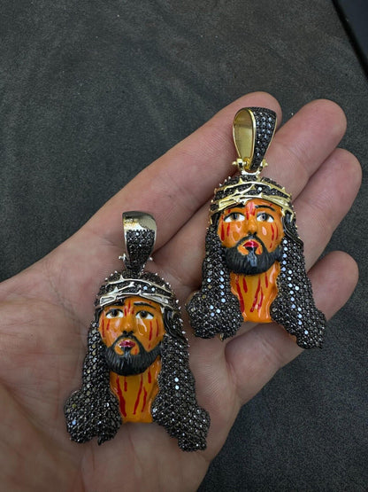 Hip Hop Black MOISSANITE Real 925 Silver / Gold Enamel Jesus Piece Pendant Necklace