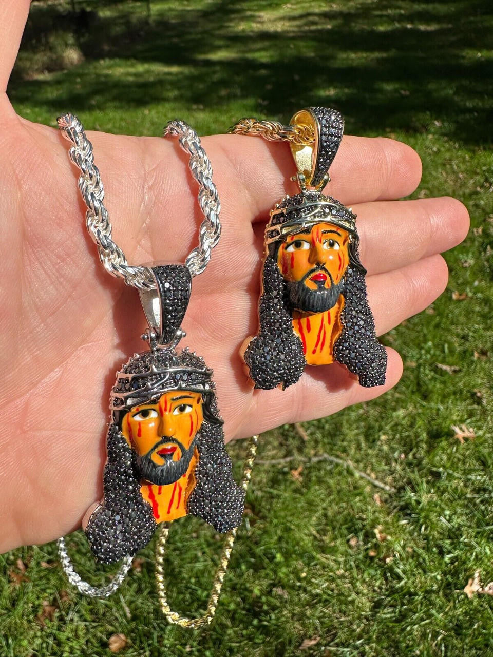 Hip Hop Black MOISSANITE Real 925 Silver / Gold Enamel Jesus Piece Pendant Necklace