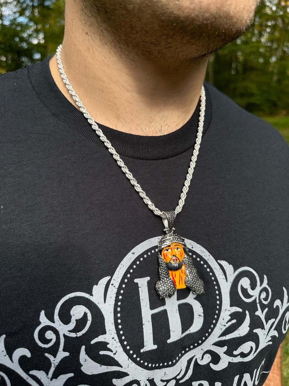 Hip Hop Black MOISSANITE Real 925 Silver / Gold Enamel Jesus Piece Pendant Necklace