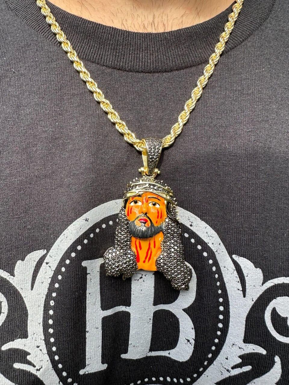 Hip Hop Black MOISSANITE Real 925 Silver / Gold Enamel Jesus Piece Pendant Necklace