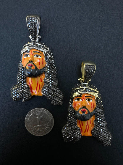Hip Hop Black MOISSANITE Real 925 Silver / Gold Enamel Jesus Piece Pendant Necklace