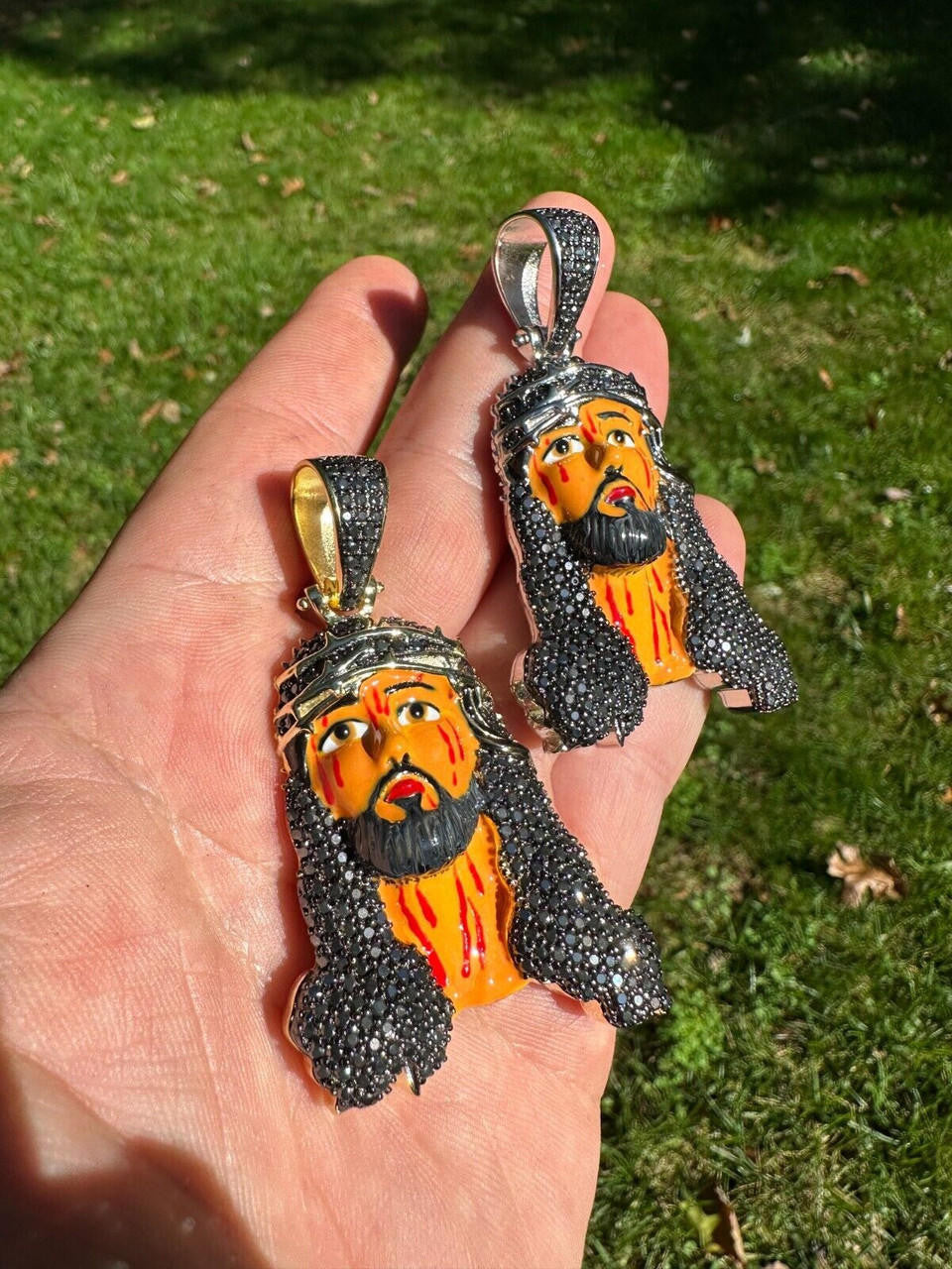 Hip Hop Black MOISSANITE Real 925 Silver / Gold Enamel Jesus Piece Pendant Necklace