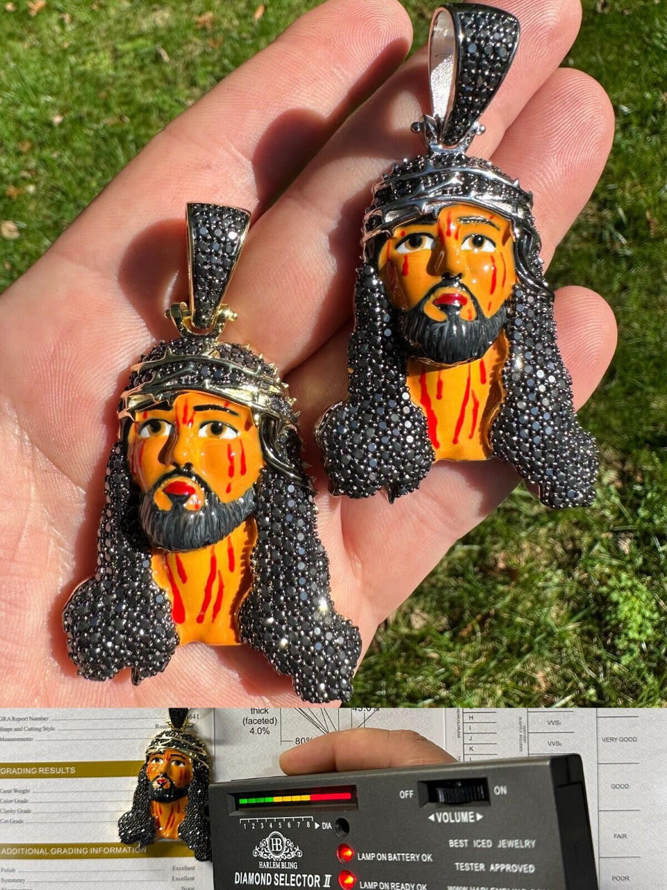 Hip Hop Black MOISSANITE Real 925 Silver / Gold Enamel Jesus Piece Pendant Necklace