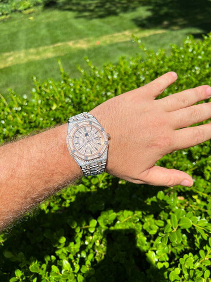 Hip Hop Bust Down Automatic MOISSANITE Watch Iced Two Tone Rose Gold Pass Diamond Tester