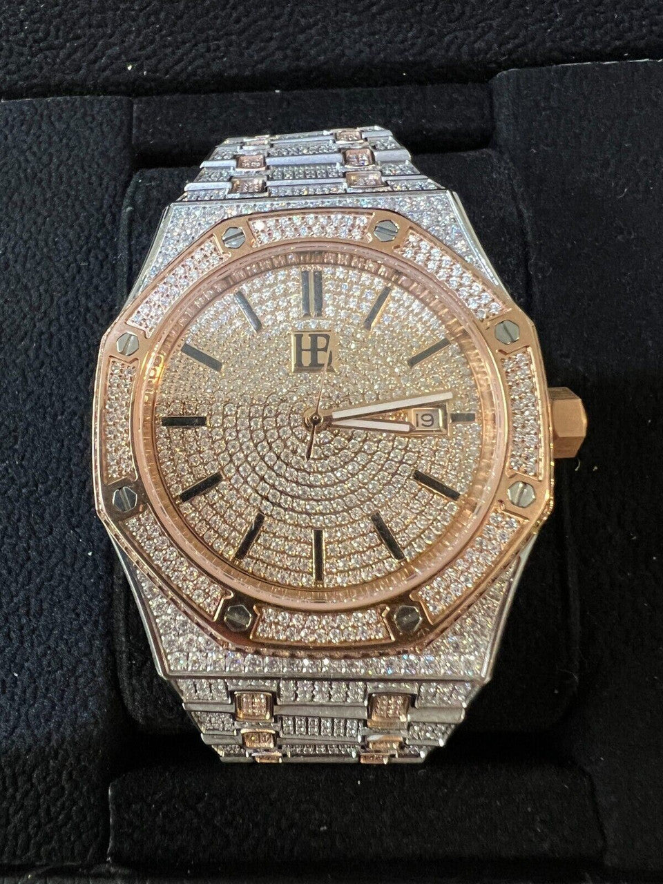 Hip Hop Bust Down Automatic MOISSANITE Watch Iced Two Tone Rose Gold Pass Diamond Tester