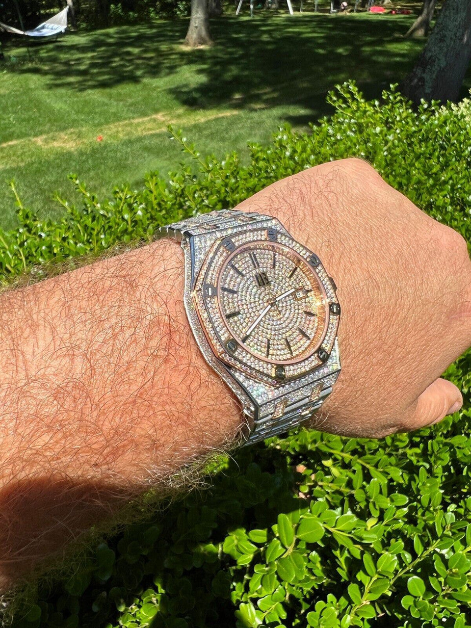 Hip Hop Bust Down Automatic MOISSANITE Watch Iced Two Tone Rose Gold Pass Diamond Tester