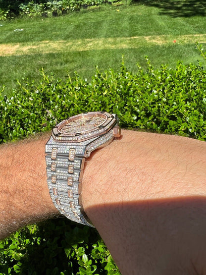 Hip Hop Bust Down Automatic MOISSANITE Watch Iced Two Tone Rose Gold Pass Diamond Tester