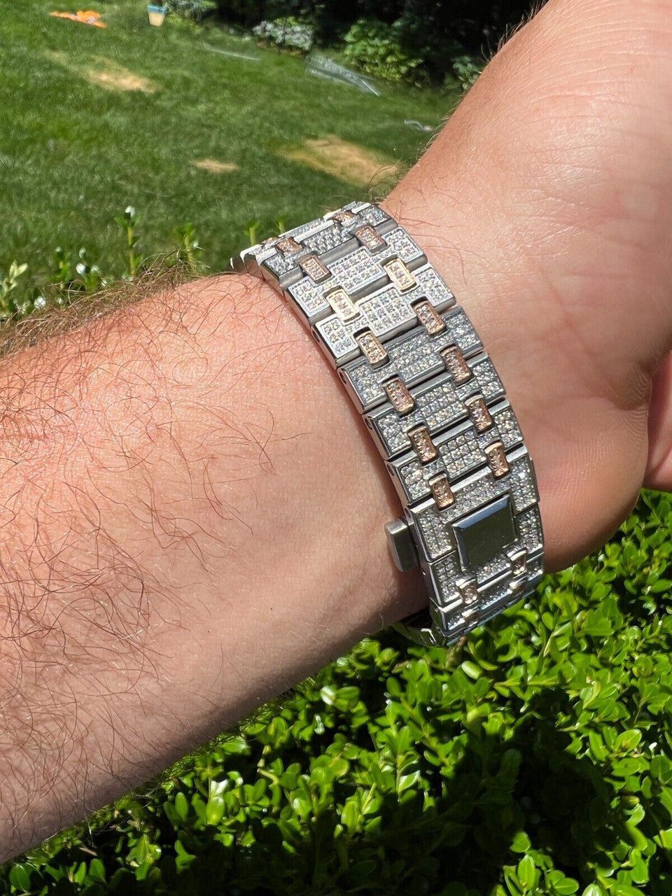 Hip Hop Bust Down Automatic MOISSANITE Watch Iced Two Tone Rose Gold Pass Diamond Tester