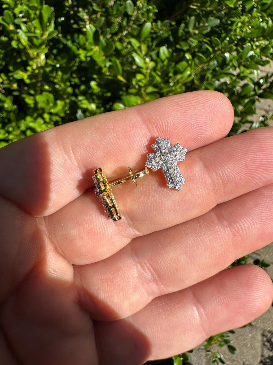 Hip Hop Gothic Cross Large Earrings 14k Gold Vermeil 925 Silver Iced Hip Hop Mens Ladies