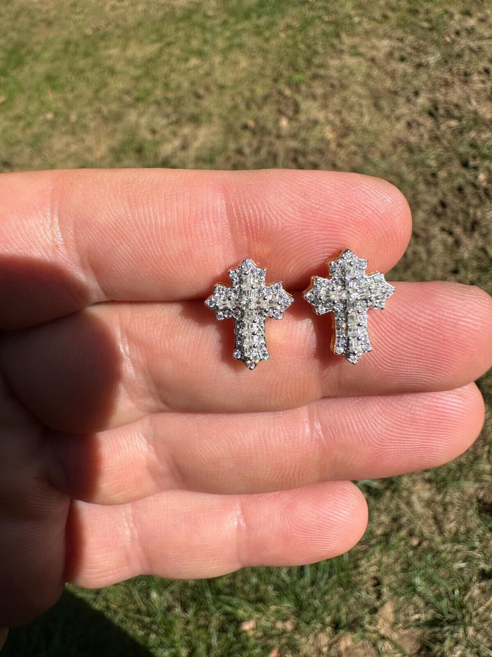 Hip Hop Gothic Cross Large Earrings 14k Gold Vermeil 925 Silver Iced Hip Hop Mens Ladies