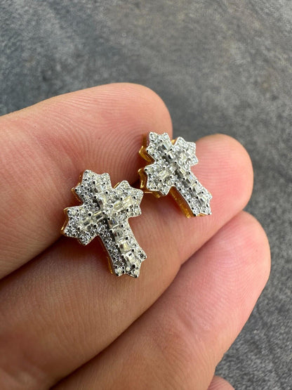 Hip Hop Gothic Cross Large Earrings 14k Gold Vermeil 925 Silver Iced Hip Hop Mens Ladies