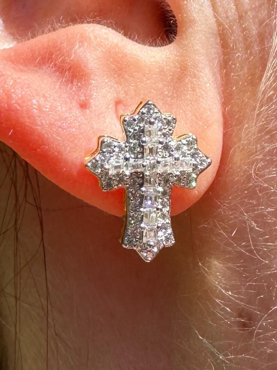 Hip Hop Gothic Cross Large Earrings 14k Gold Vermeil 925 Silver Iced Hip Hop Mens Ladies