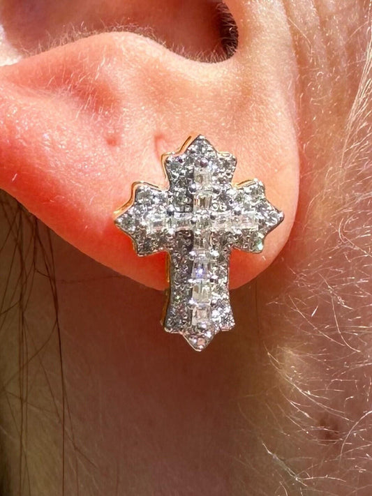 Hip Hop Gothic Cross Large Earrings 14k Gold Vermeil 925 Silver Iced Hip Hop Mens Ladies