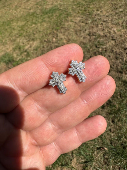 Hip Hop Gothic Cross Large Earrings 14k Gold Vermeil 925 Silver Iced Hip Hop Mens Ladies