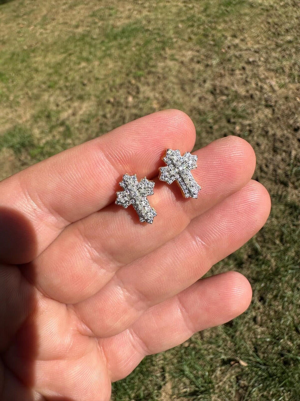 Hip Hop Gothic Cross Large Earrings 14k Gold Vermeil 925 Silver Iced Hip Hop Mens Ladies