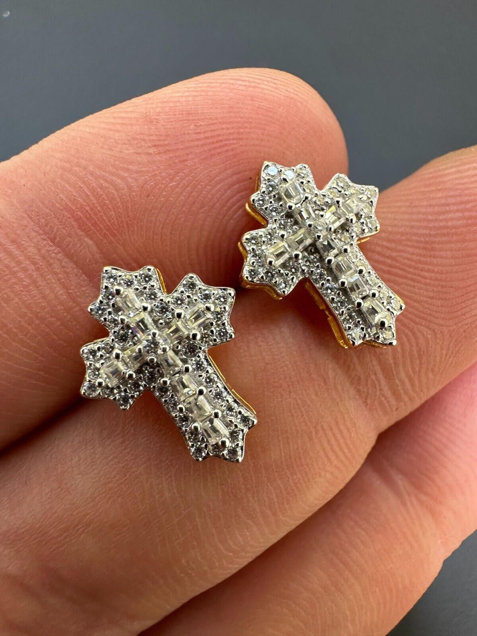 Hip Hop Gothic Cross Large Earrings 14k Gold Vermeil 925 Silver Iced Hip Hop Mens Ladies