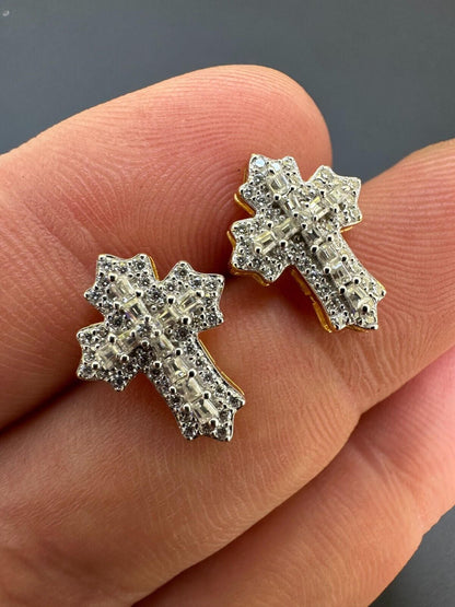 Hip Hop Gothic Cross Large Earrings 14k Gold Vermeil 925 Silver Iced Hip Hop Mens Ladies