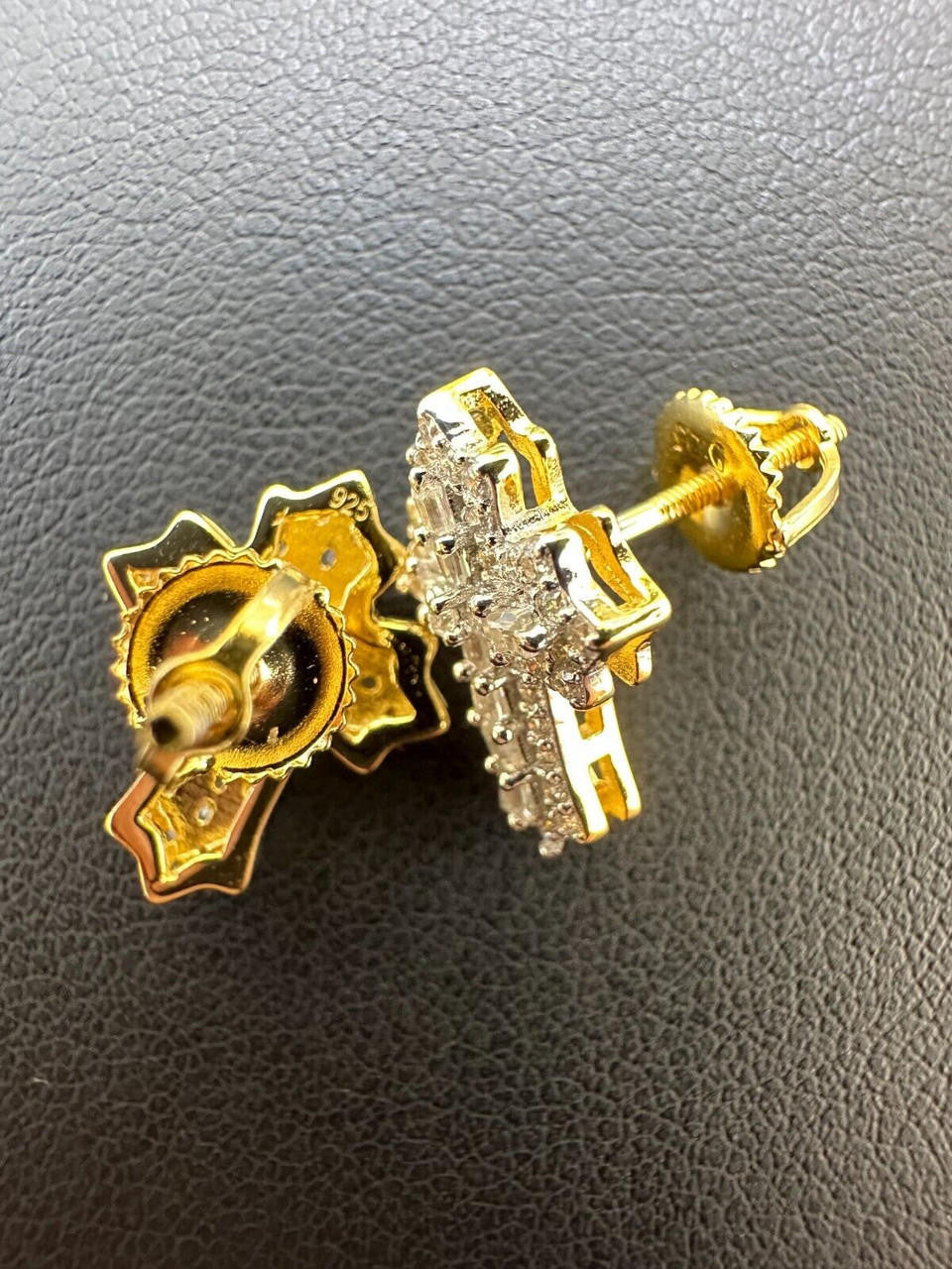 Hip Hop Gothic Cross Large Earrings 14k Gold Vermeil 925 Silver Iced Hip Hop Mens Ladies