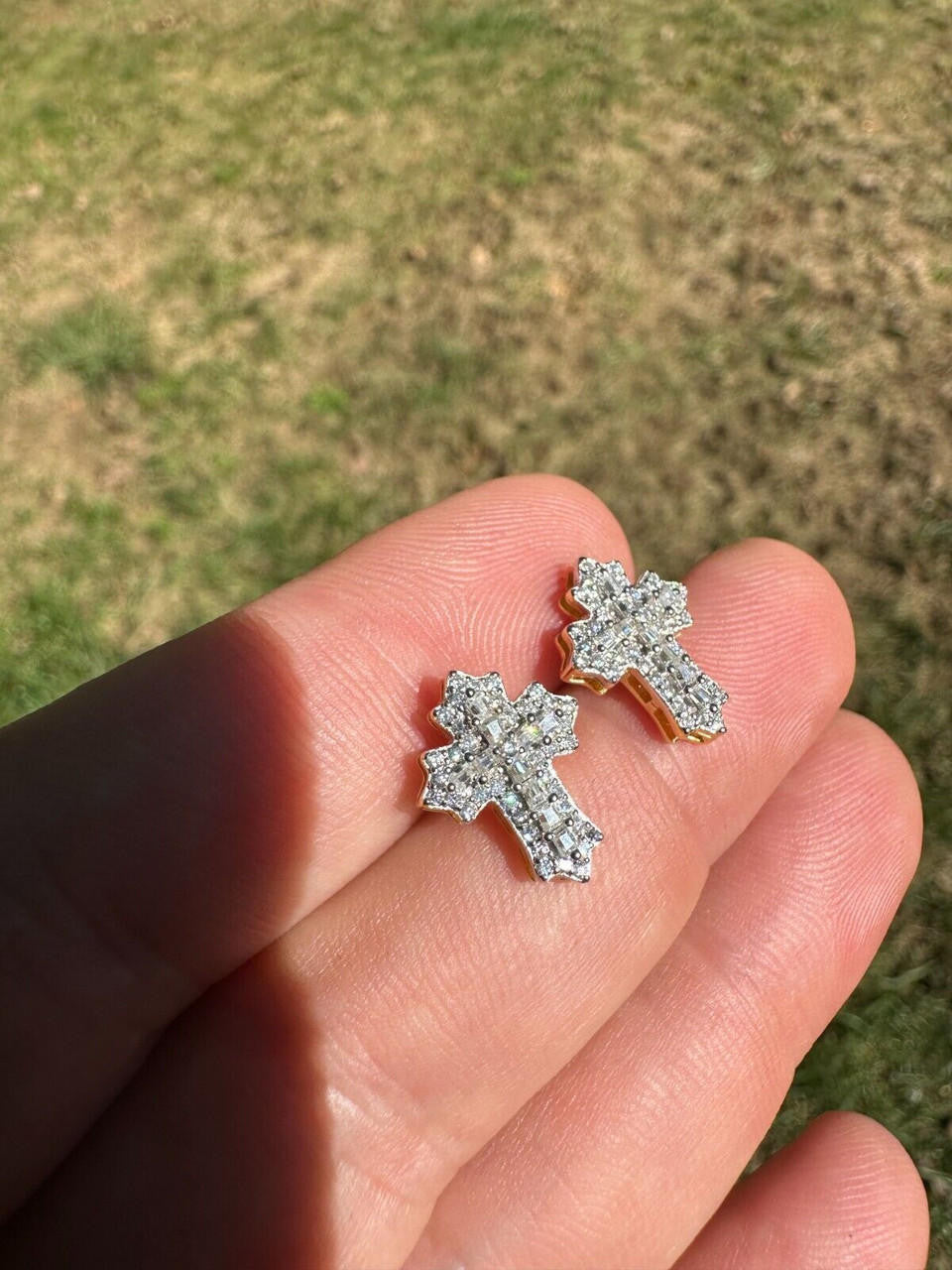 Hip Hop Gothic Cross Large Earrings 14k Gold Vermeil 925 Silver Iced Hip Hop Mens Ladies