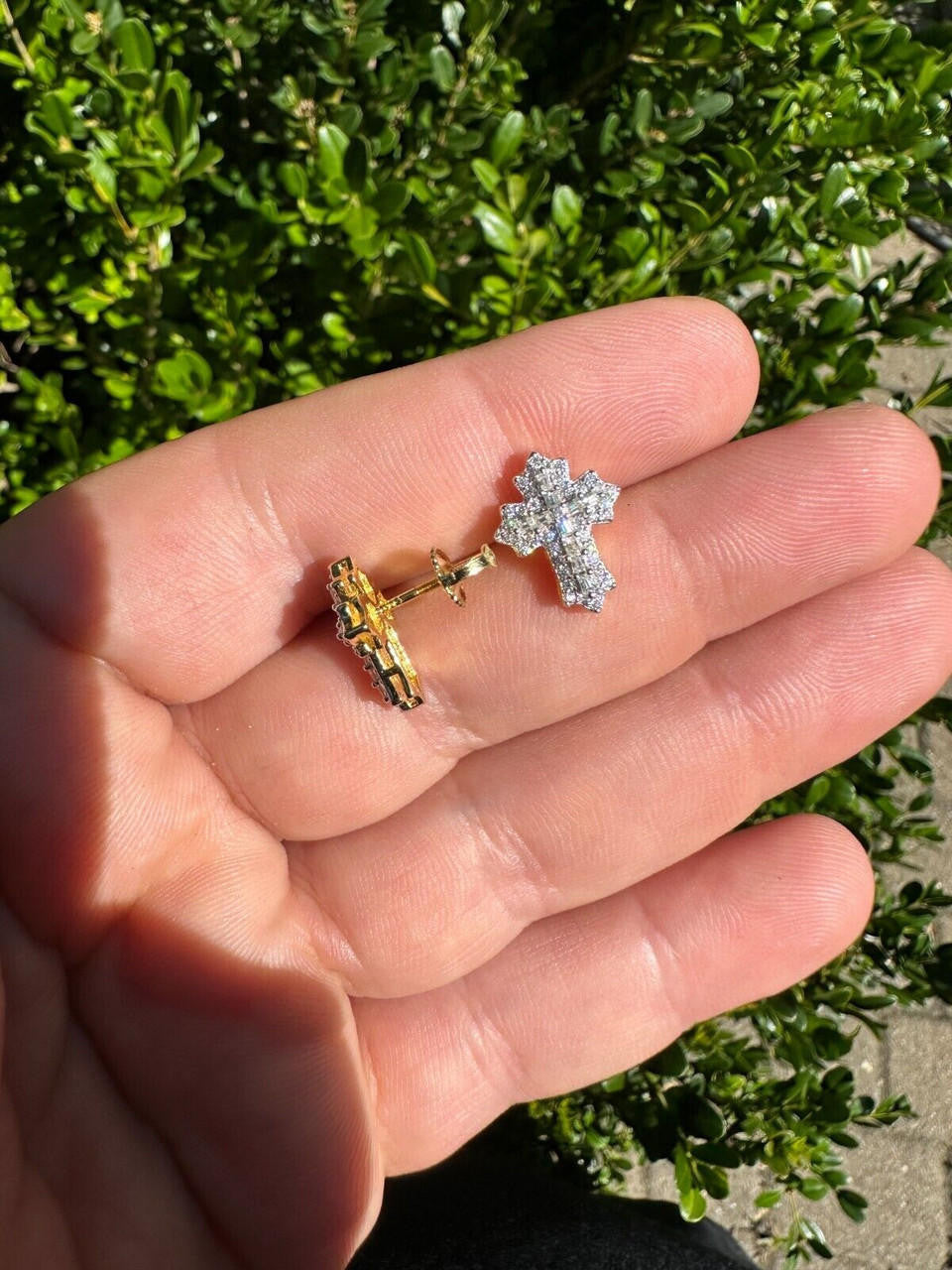 Hip Hop Gothic Cross Large Earrings 14k Gold Vermeil 925 Silver Iced Hip Hop Mens Ladies