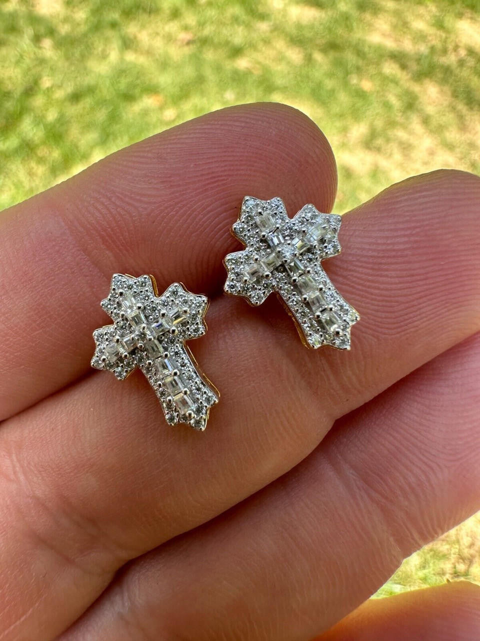 Hip Hop Gothic Cross Large Earrings 14k Gold Vermeil 925 Silver Iced Hip Hop Mens Ladies