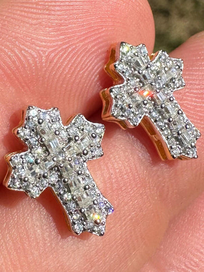 Hip Hop Gothic Cross Large Earrings 14k Gold Vermeil 925 Silver Iced Hip Hop Mens Ladies
