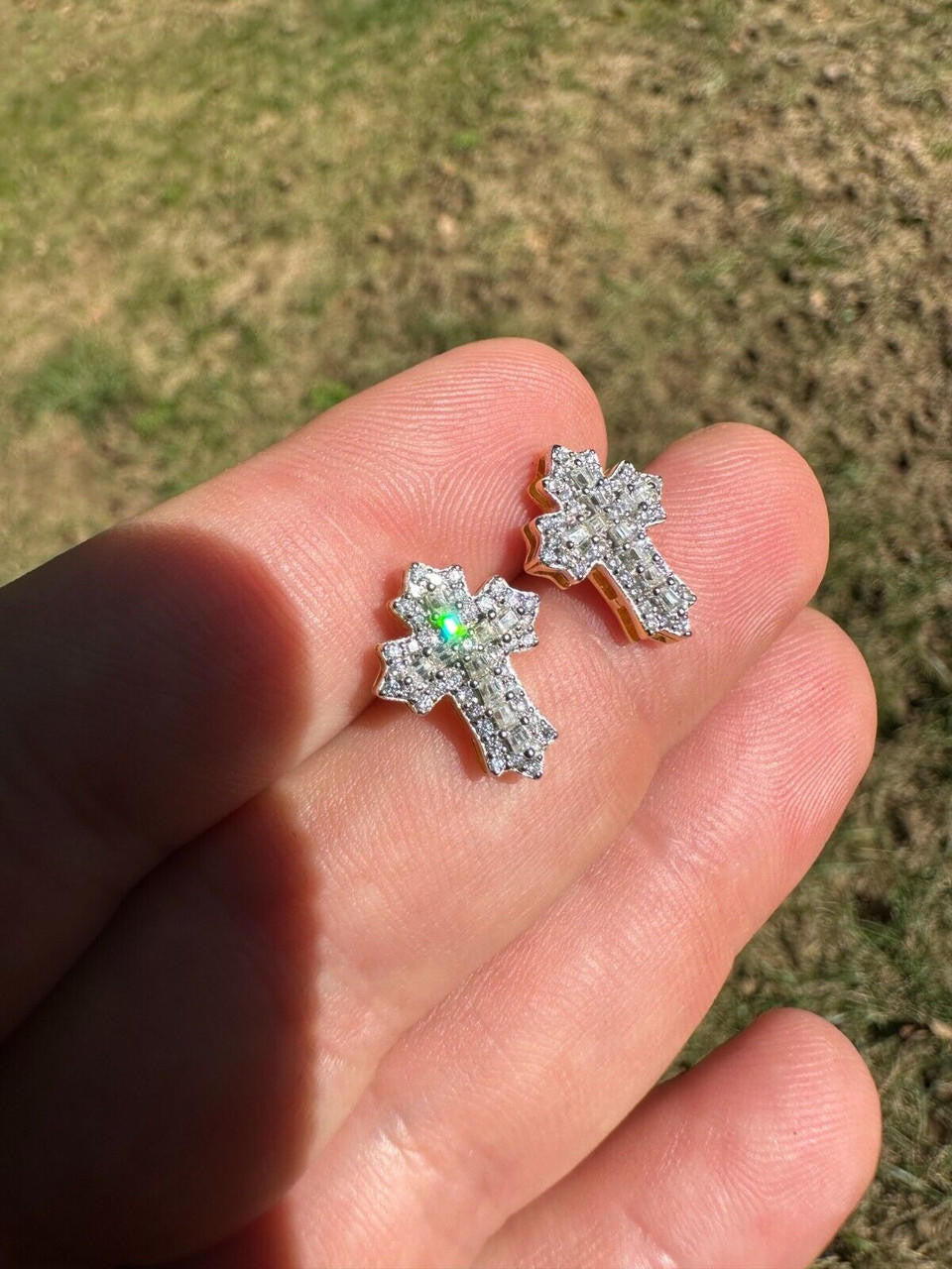 Hip Hop Gothic Cross Large Earrings 14k Gold Vermeil 925 Silver Iced Hip Hop Mens Ladies