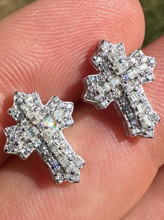 Hip Hop Gothic Cross Large Earrings Real 925 Sterling Silver Iced Hip Hop Mens Ladies