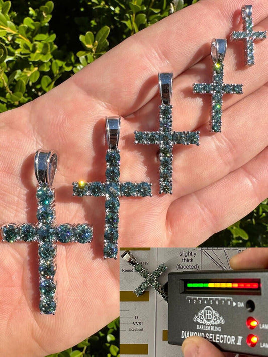 Hip Hop Green Blue MOISSANITE Real 925 Silver Tennis Cross Iced Pendant Necklace Hip Hop