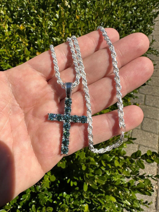 Hip Hop Green Blue MOISSANITE Real 925 Silver Tennis Cross Iced Pendant Necklace Hip Hop