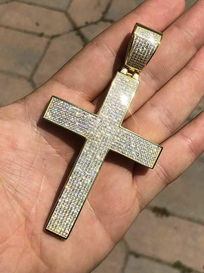 Hip Hop Iced 7ct Moissanite Huge 14k Gold Vermeil Cross Pendant Mens Pass Diamond Test