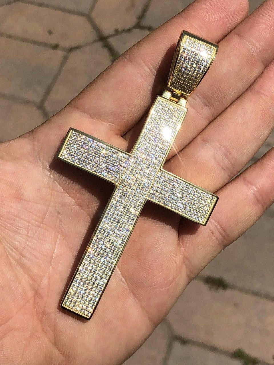 Hip Hop Iced 7ct Real Diamond Huge Solid 925 Silver Gold  Plated Cross Pendant Necklace