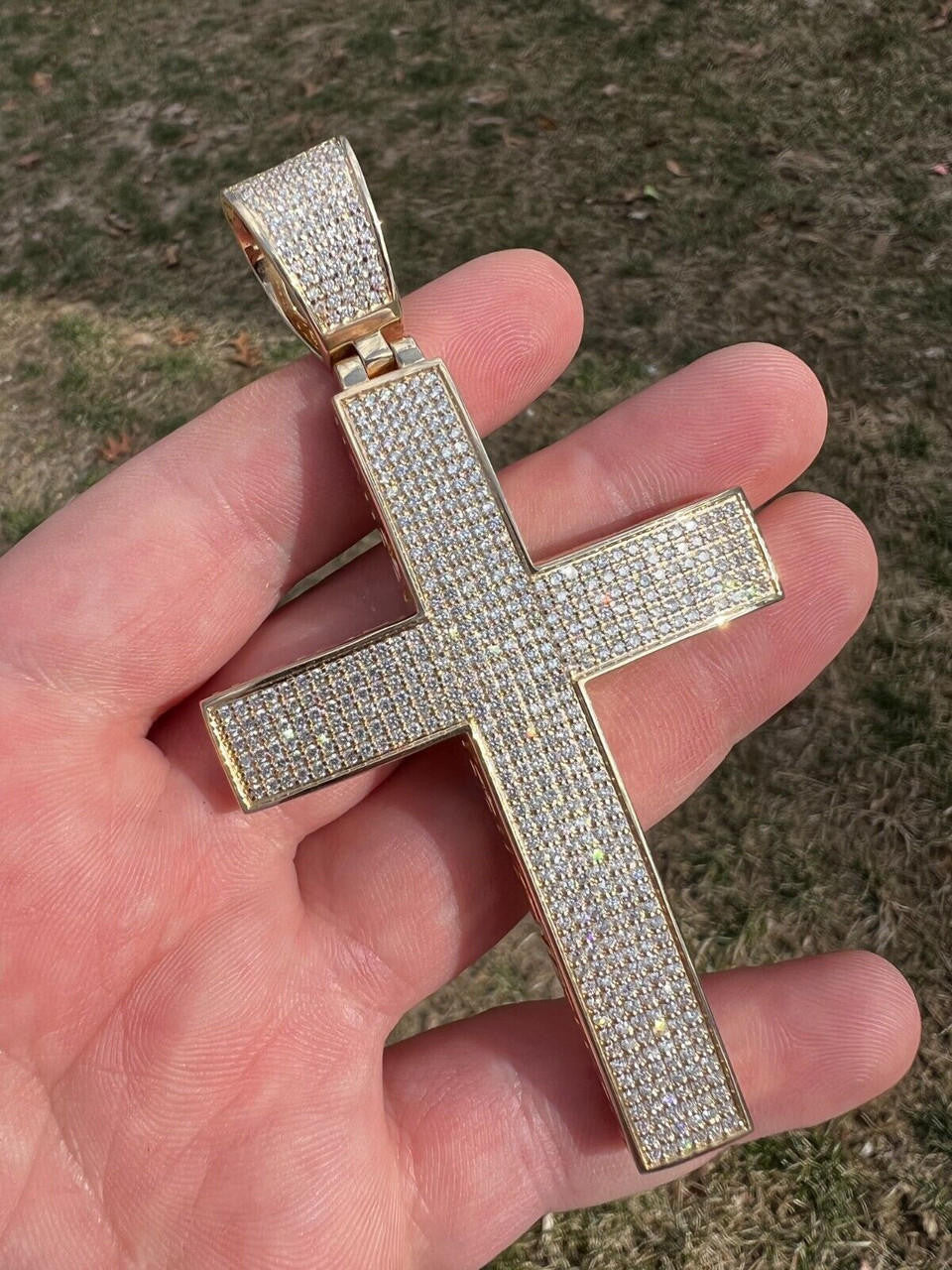 Hip Hop Iced 7ct Real Diamond Huge Solid 925 Silver Gold  Plated Cross Pendant Necklace