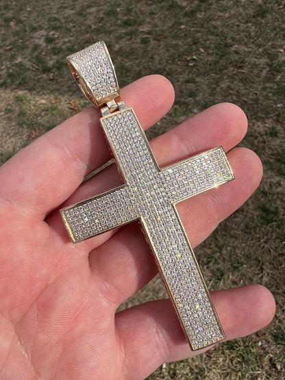 Hip Hop Iced 7ct Real Diamond Huge Solid 925 Silver Gold  Plated Cross Pendant Necklace