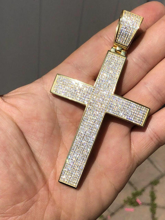 Hip Hop Iced 7ct Real Diamond Huge Solid 925 Silver Gold  Plated Cross Pendant Necklace