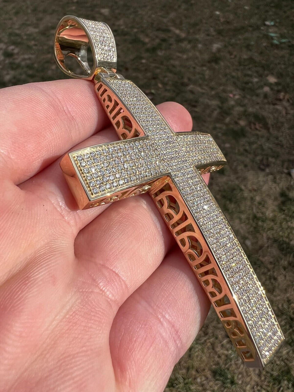 Hip Hop Iced 7ct Real Diamond Huge Solid 925 Silver Gold  Plated Cross Pendant Necklace