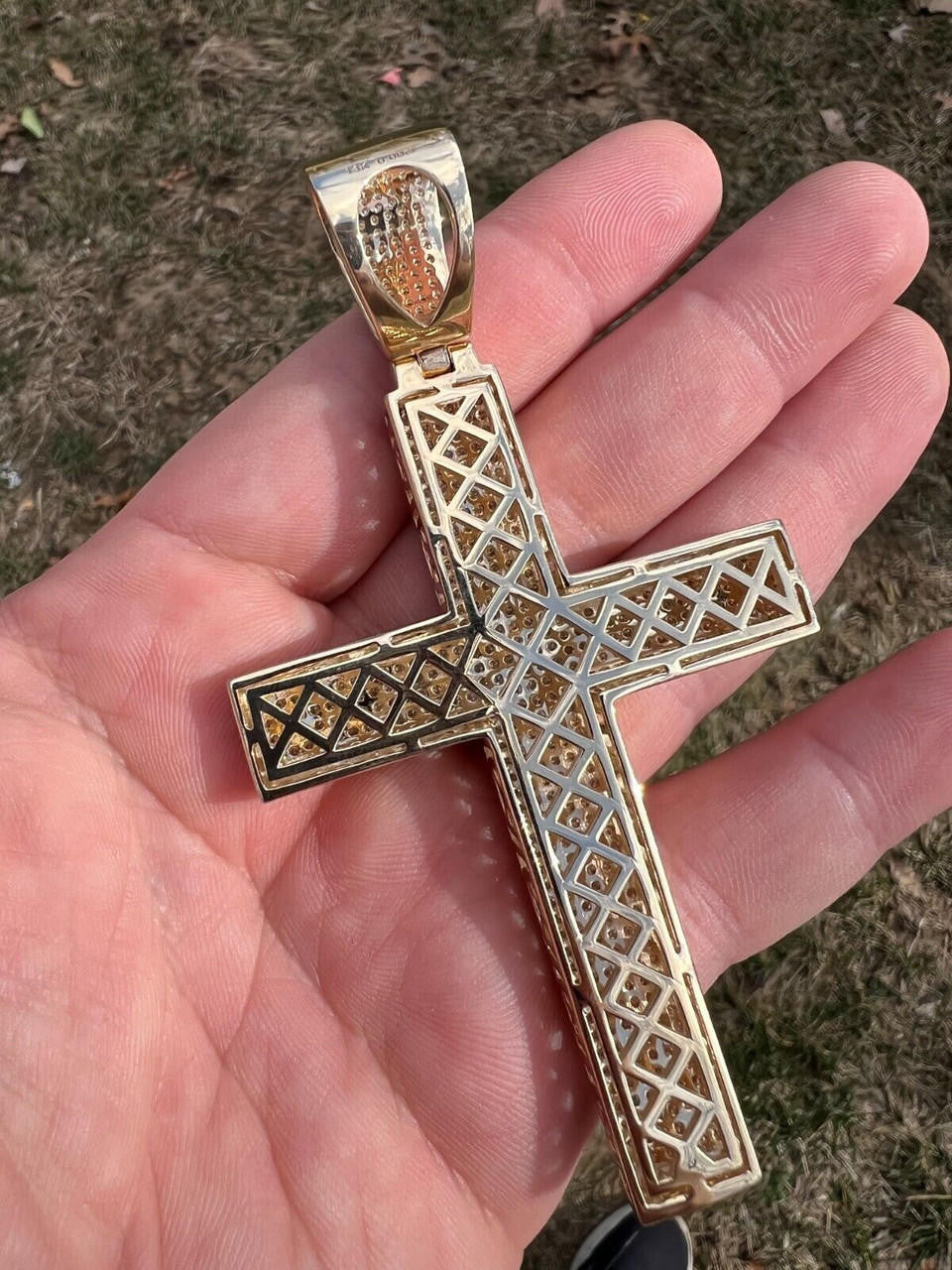 Hip Hop Iced 7ct Real Diamond Huge Solid 925 Silver Gold  Plated Cross Pendant Necklace