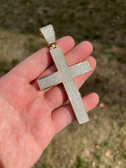 Hip Hop Iced 7ct Real Diamond Huge Solid 925 Silver Gold  Plated Cross Pendant Necklace