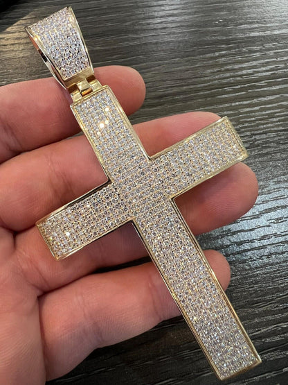 Hip Hop Iced 7ct Real Diamond Huge Solid 925 Silver Gold  Plated Cross Pendant Necklace