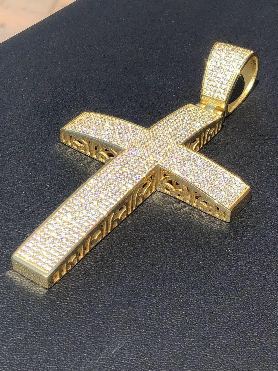 Hip Hop Iced 7ct Real Diamond Huge Solid 925 Silver Gold  Plated Cross Pendant Necklace
