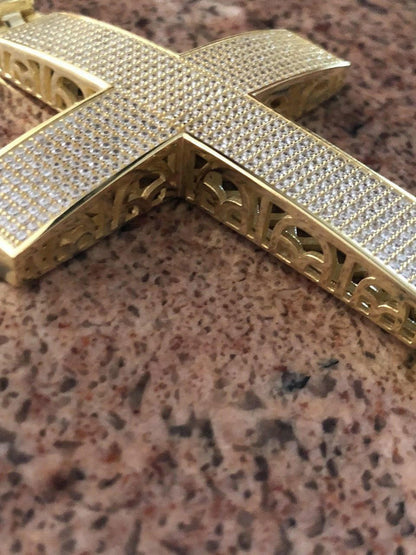 Hip Hop Iced 7ct Real Diamond Huge Solid 925 Silver Gold  Plated Cross Pendant Necklace
