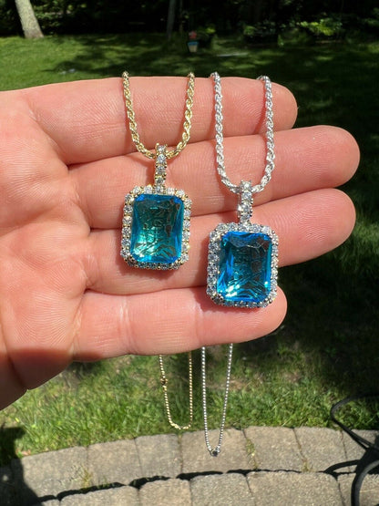 Hip Hop Iced Blue Stone Pendant Necklace 925 Sterling Silver / 14k Gold Plated